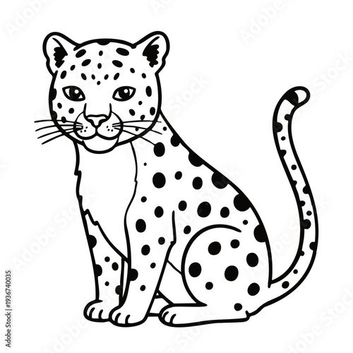 A black and white vector illustration of a sitting leopard with spots