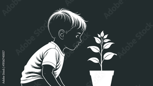 Little boy looking at plant silhouette illustration, child nature curiosity gardening vector isolated design