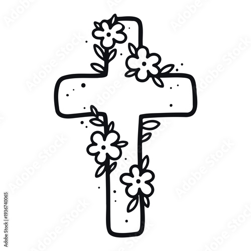 A minimalist line art cross adorned with delicate flowers and leaves on a transparent background