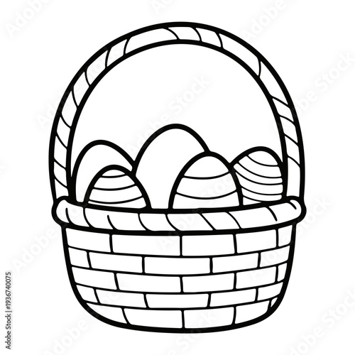 A simple line art illustration of a wicker basket filled with eggs