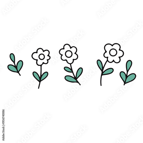 A minimalist vector graphic illustration of a simple flower design with green leaves and white petals