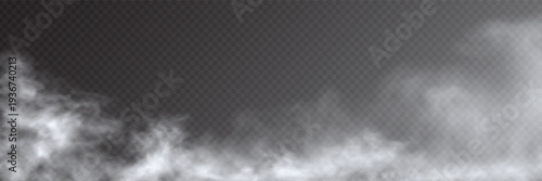 Fog, smoke, mist, and steam on transparent background, panoramic view, vector design