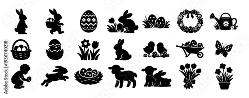 Easter and Spring Holiday Silhouette Icon Set – Bunny, Eggs, Chick, Lamb, Flowers, Basket, Egg Hunt Symbols