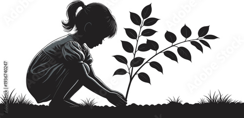 Little girl planting young tree silhouette, child gardening nature care environmental education vector illustration concept
