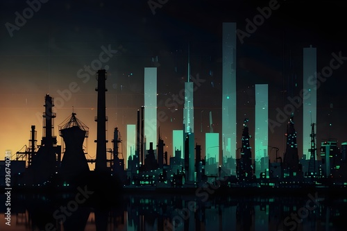 Industrial double exposure concept, factory silhouette blended with data charts, dark background
