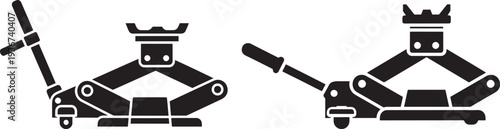 Black and white icon set of scissor car jacks, representing tools for vehicle maintenance and repair, with a clean, modern design.