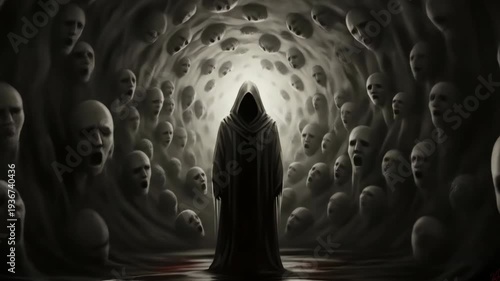 Mysterious hooded figure surrounded by screaming faces in a dark tunnel.