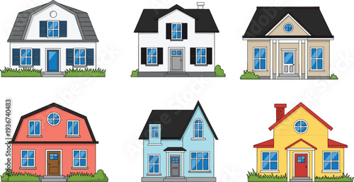 Cartoon houses set colorful residential homes collection suburban buildings architecture exterior property isolated vector illustration bundle