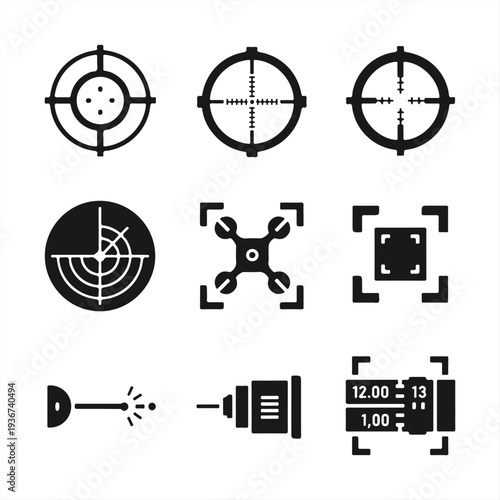 A collection of black and white targeting icons on a clean white background