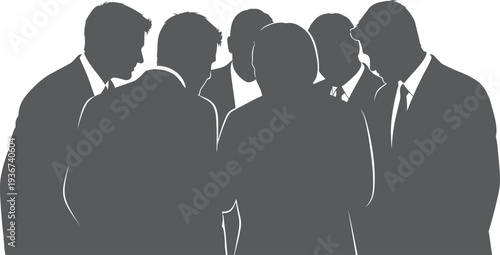 A group of six suited men in a line faceless silhouettes in business attire