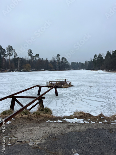 Frozen Lake with Abandoned Pier in Winter, Voditsa Forest Ukraine