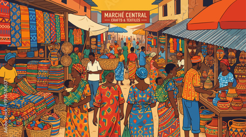Bustling African Textiles and Crafts Market Vector