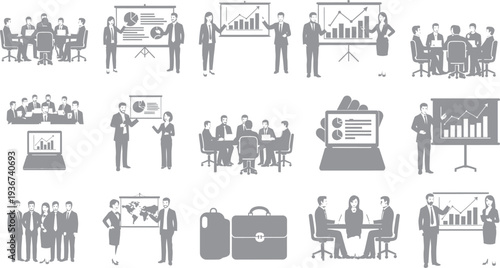 Business presentations and meetings with graphs and charts