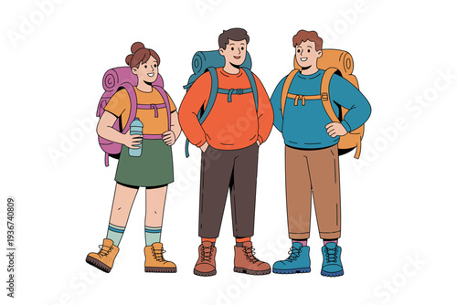 Hikers illustration of three friends with backpacks and hiking gear