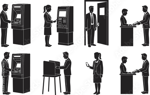 People voting silhouettes set, election ballot box ATM voting machine democracy process vector illustration collection