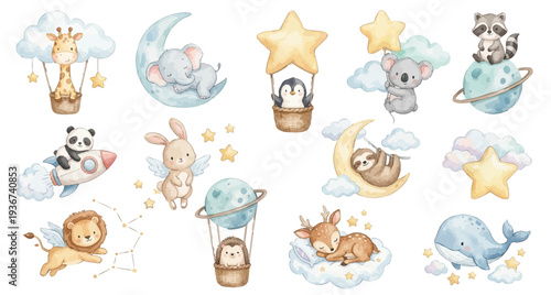 Watercolor baby animals in space. Dreamy baby space animals with moon, stars, balloons and planet nursery set. Collection of Vector illustrations. Perfect for invitation, card, poster, banner, decor