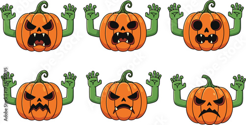Cartoon jack o lantern pumpkins with expressive faces, raised green arms, Halloween characters, spooky emotions, cute vector illustration for seasonal design