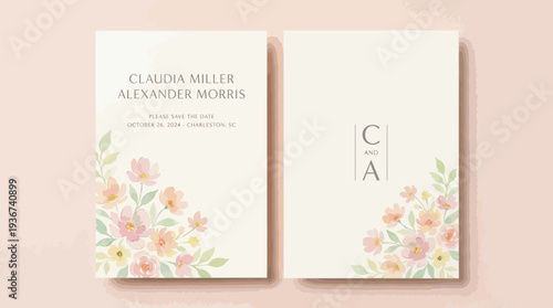Two pastel floral hardcover notebooks with watercolor blossoms on a blush pink background featuring elegant typography