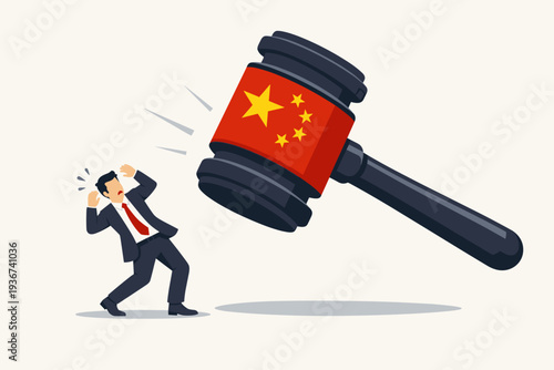 China Government Regulations and Business Control Concept with Giant Gavel and Chinese Flag Threatening a Businessman, Representing Legal Crackdown, Policy Enforcement, and Corporate Pressure