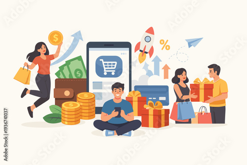 Cash back loyalty program concept with happy customers getting rewards, gifts, and money from online shopping. Vector illustration of people using mobile app for digital marketing and sales.