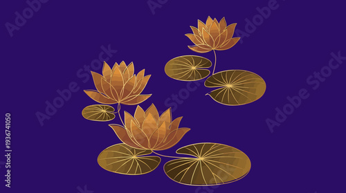 Vibrant yellow lotus blossoms with round leaves on a deep purple background, studio floral composition for art and decor photography