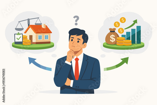 Businessman Thinking and Choosing Between Paying Off Mortgage or Investing in Stock Market for Financial Profit, Real Estate vs Investment Decision Concept Illustration with Money and Growth