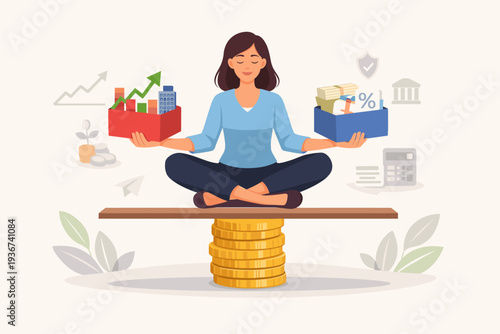 Woman sitting in yoga pose balancing stock market growth and savings bonds boxes on a stack of gold coins, concept of diversified investment portfolio, asset allocation and wealth management plan