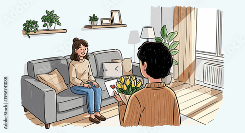 A couple in a cozy living room with a girl sitting on a sofa and a boy holding a bouquet of flowers in modern vector style, perfect for illustrating love and relationships