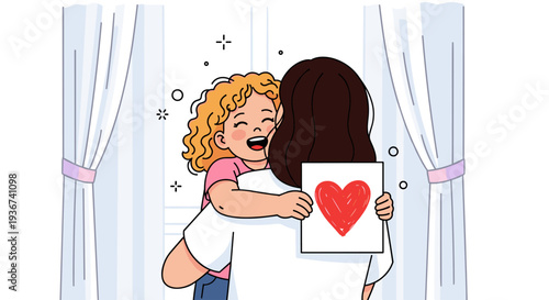 A joyful child hugging a woman holding a heart drawing in colorful vector style, perfect for family and love-themed projects
