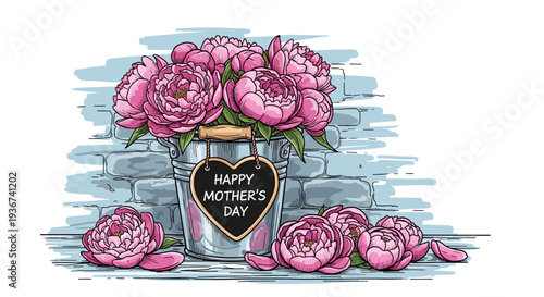 A bouquet of pink peonies in a metal bucket with a heart-shaped tag saying 'Happy Mother's Day' in colorful vintage illustration style, perfect for greeting cards or floral decorations