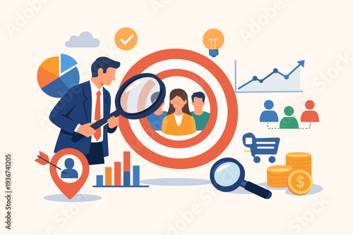 Marketing Target Audience Research and Business Analysis to Increase Sales with Businessman Using Magnifying Glass to Focus on Customer Group, Market Segmentation and Data Visualization.