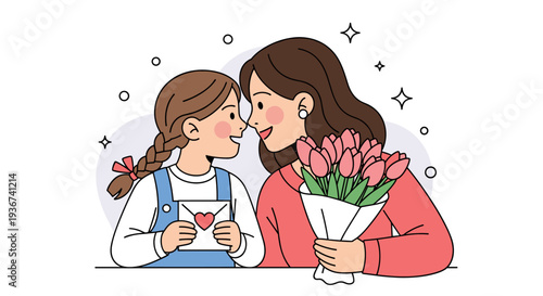 A mother and daughter sharing a moment with flowers and a card in a minimalist vector style, perfect for family-themed designs