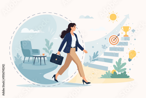 Ambitious businesswoman walking out of her comfort zone towards career success and growth. Concept of escaping comfort zone for professional development, achievement, and reaching goals in business.