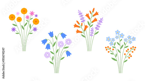 Four pastel spring flower bouquets vector illustration featuring daisies, tulips, lavender and wildflowers