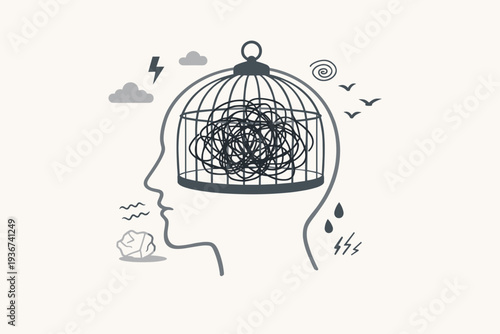 Mental Health Concept Illustration of a Human Head with a Birdcage Containing Tangled Lines, Representing Stress, Anxiety, Depression, Overthinking, Emotional Distress, and Feeling Trapped.