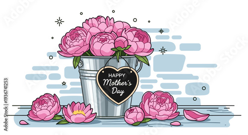 A bucket filled with pink peonies and a 'Happy Mother's Day' sign in a charming vector illustration style, perfect for greeting cards and floral designs