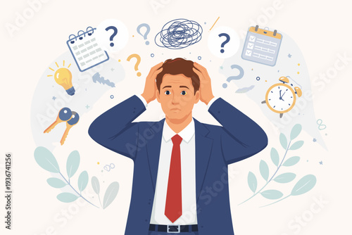 Stressed Businessman Suffering from Memory Loss and Confusion, Forgetting Tasks and Appointments, Dementia or Cognitive Decline Concept with Question Marks, Calendar, Clock, and Brain Fog Icons