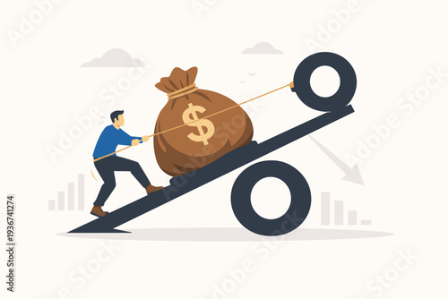 Man Pulling Heavy Money Bag Up Percent Sign Slope Representing High Interest Rates, Personal Loan Debt, Financial Risk, Mortgage Payments, Monetary Policy, Inflation, and Economic Struggle Concept