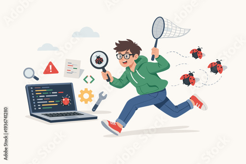 Young Programmer Chasing Software Bugs with a Net and Magnifying Glass, Concept of Debugging, Fixing Code, and Application Development, Vector Illustration of Developer Troubleshooting Software