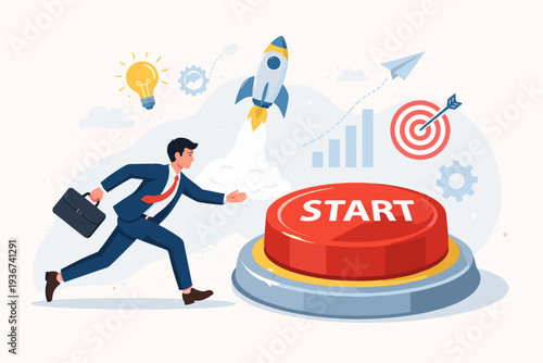 Businessman in a Suit Running to Press a Large Red Start Button for New Business Launch, Entrepreneur Starting a Company Project with Rocket Launch, Idea Bulb, and Target Success Symbols