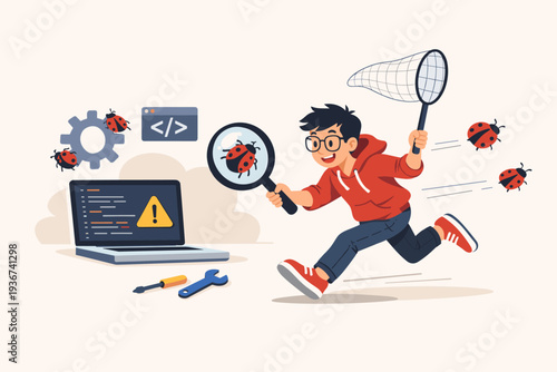 Young Programmer Debugging Software Application, Chasing Bugs with Magnifying Glass and Net, Fixing Code Errors on Laptop, Software Development and Troubleshooting Vector Illustration Concept