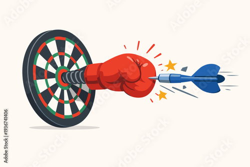 Business Obstacle and Career Struggle Concept with a Red Boxing Glove on a Spring Punching a Blue Dart Away from the Bullseye of a Dartboard, Representing Difficulty in Achieving Goals and Targets