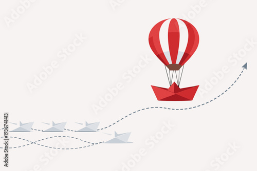 Innovation and Creative Thinking Concept with a Red Paper Boat Lifted by a Hot Air Balloon to Stand Out from the Crowd. Leadership, Success, and Changing Traditional Routine Business Strategy.