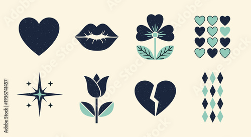 A collection of hearts, flowers, lips, and stars in modern flat vector style, ideal for romantic designs or creative projects