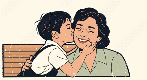 A mother and son sharing a joyful moment with a kiss in flat modern vector style, perfect for family-themed illustrations