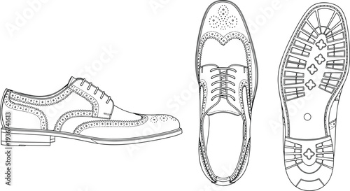 Classic dress shoe with brogue detailing, side, top, and bottom views, vector illustration showing footwear design, fashion style, manufacturing reference