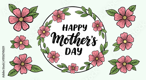 A decorative Mother's Day greeting card design featuring pink flowers and a cheerful message in a modern vector style, ideal for greeting cards and gifts