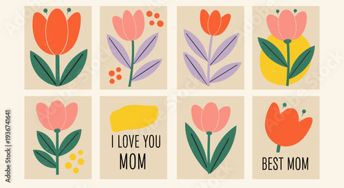 A collection of colorful floral illustrations with text 'I Love You Mom' and 'Best Mom' in a modern vector style, ideal for greeting cards and gifts