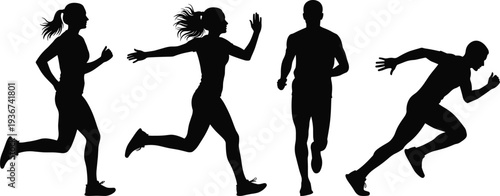 Silhouettes of individuals running in varied poses, symbolizing jogging, sprinting, fitness, athletics, exercise, speed, movement, sports training, and dynamic activity concepts.