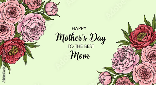 A beautiful floral arrangement featuring roses and peonies with a heartfelt message for Mother's Day in elegant vector style, perfect for greeting cards